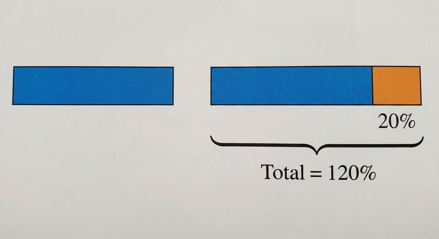 Schéma simple avec des barres rectangulaires horizontales. Une première barre bleue pleine représente '100%'. Juste à côté, une deuxième barre montre la barre bleue '100%' collée à une petite barre orange marquée '20%'. Une accolade sous l'ensemble indique 'Total = 120%'.