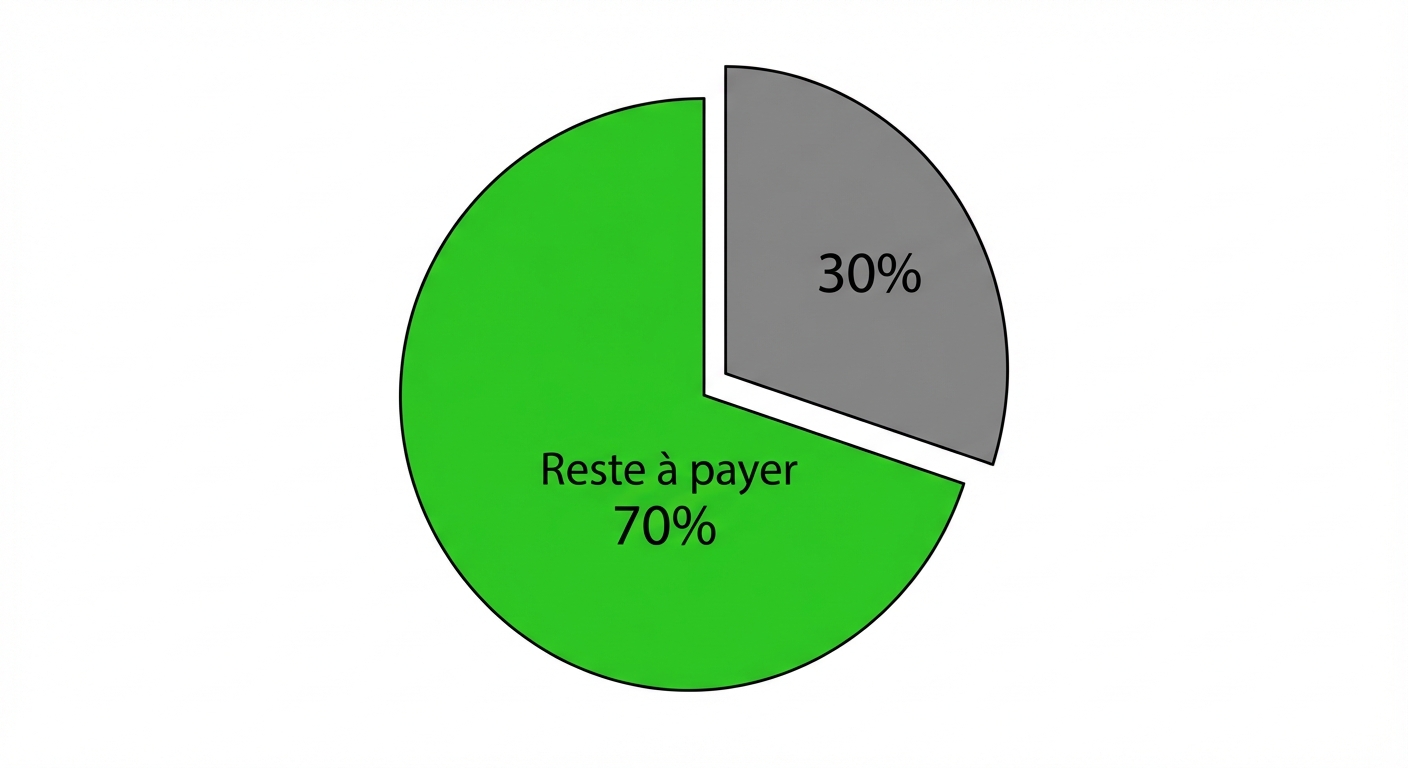 Un diagramme circulaire (camembert) simple sur fond blanc. Le disque complet représente 100%. Une part de 30% est détachée et grisée pour montrer qu'elle est retirée. La part restante de 70% est colorée en vert vif avec l'étiquette 'Reste à payer'.