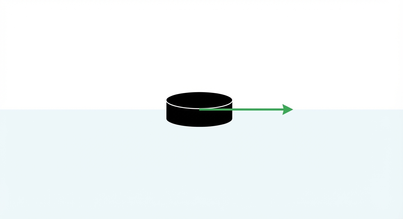 Schéma minimaliste vue de côté : un palet de hockey noir glisse sur une surface de glace bleu très clair vers la droite. Une flèche horizontale verte part du centre du palet vers la droite pour indiquer la vitesse constante. Le fond est blanc.