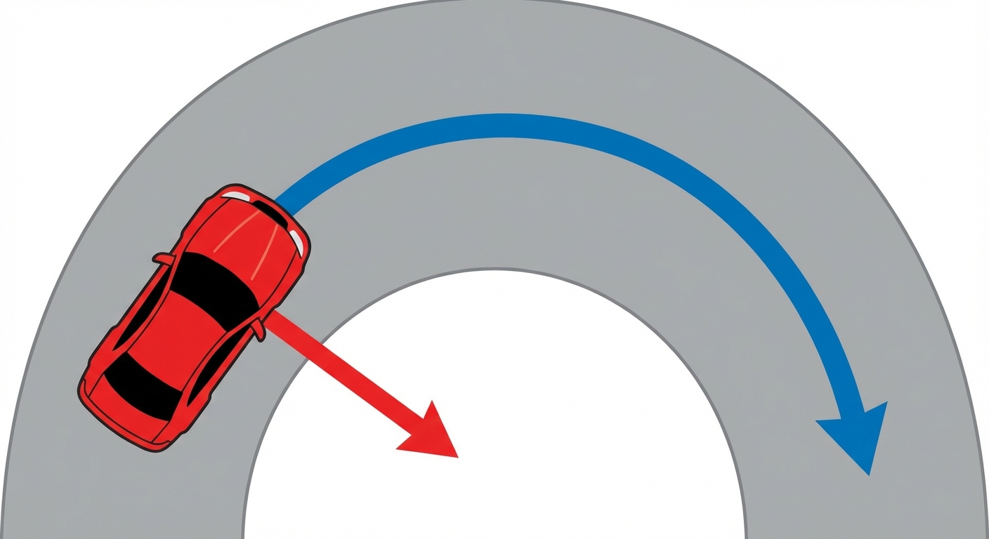 Vue de dessus schématique : une voiture rouge prend un virage vers la droite sur une route grise. Une flèche bleue indique la trajectoire courbe. Une flèche rouge part de la voiture vers l'intérieur du virage pour symboliser la force résultante.