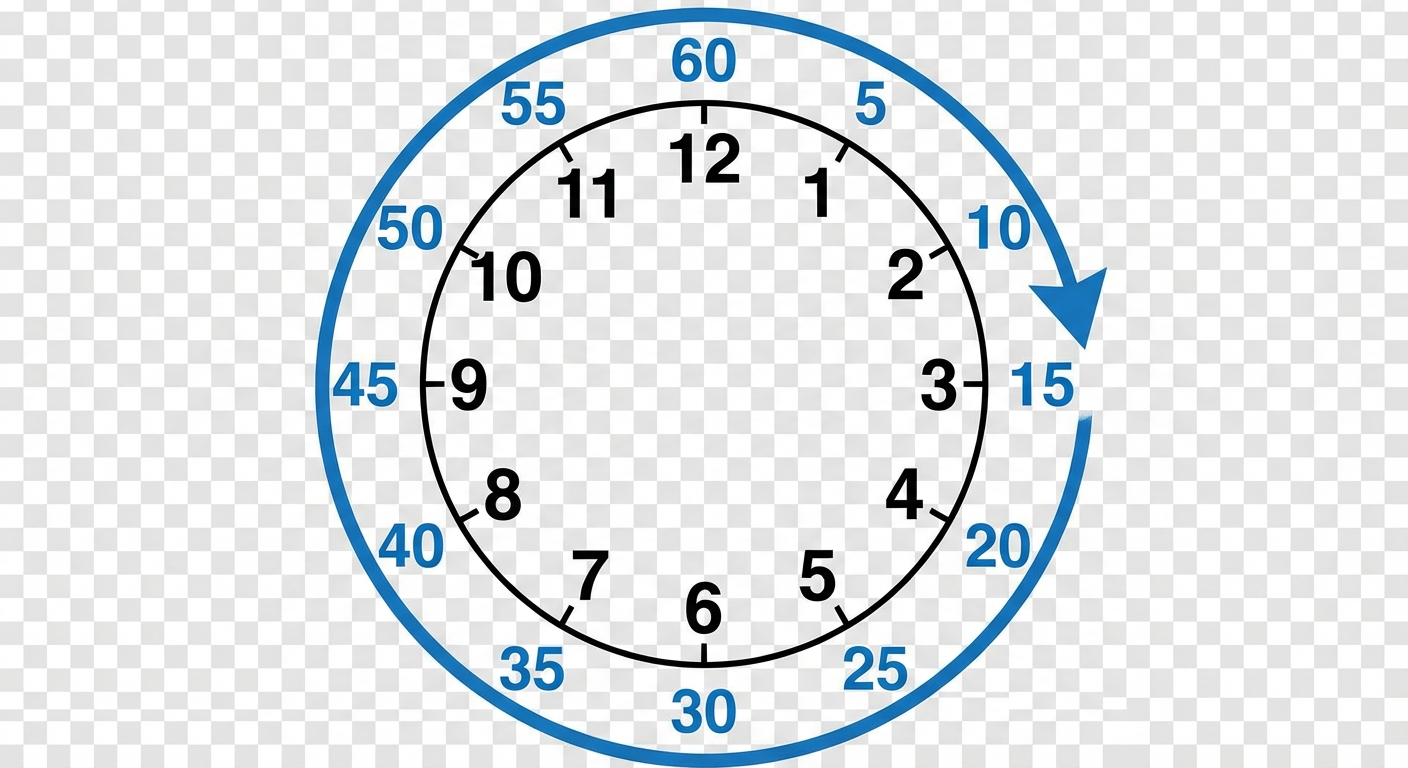 Dessin simple d'un cadran d'horloge. Les heures (1 à 12) sont en noir à l'intérieur. Les minutes (5, 10, 15... 60) sont écrites en bleu à l'extérieur. Une flèche circulaire indique le sens de rotation.