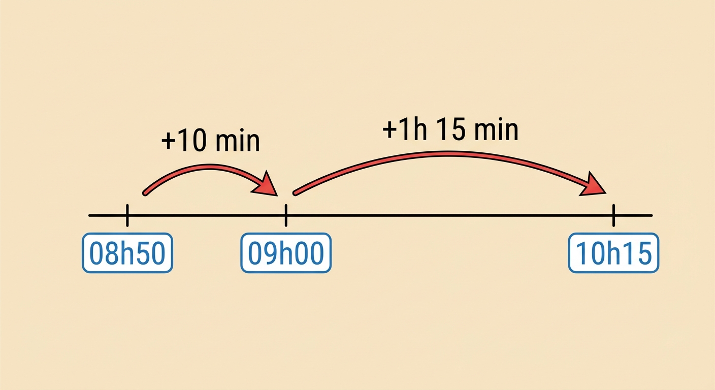 Schéma d'une frise chronologique horizontale simple sur fond blanc. À gauche : '08h50'. Au milieu : '09h00'. À droite : '10h15'. Une flèche courbe relie 08h50 à 09h00 marquée '+10 min'. Une autre flèche relie 09h00 à 10h15 marquée '+1h 15 min'.
