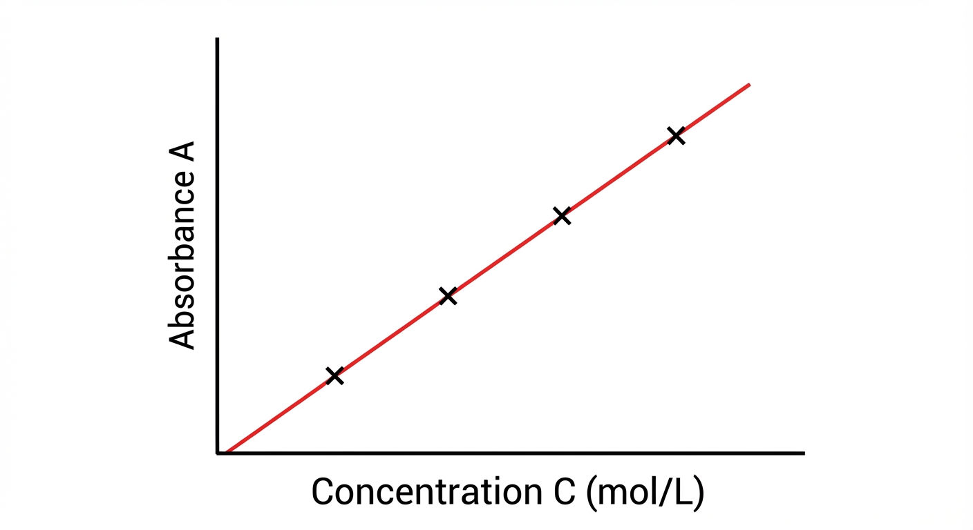 Un graphique simple sur fond blanc avec deux axes noirs. L'axe horizontal X est légendé 'Concentration C (mol/L)' et l'axe vertical Y est légendé 'Absorbance A'. Une droite rouge part exactement de l'origine (0,0) et monte en diagonale vers la droite. Quatre petits points noirs en forme de croix sont placés sur cette droite.
