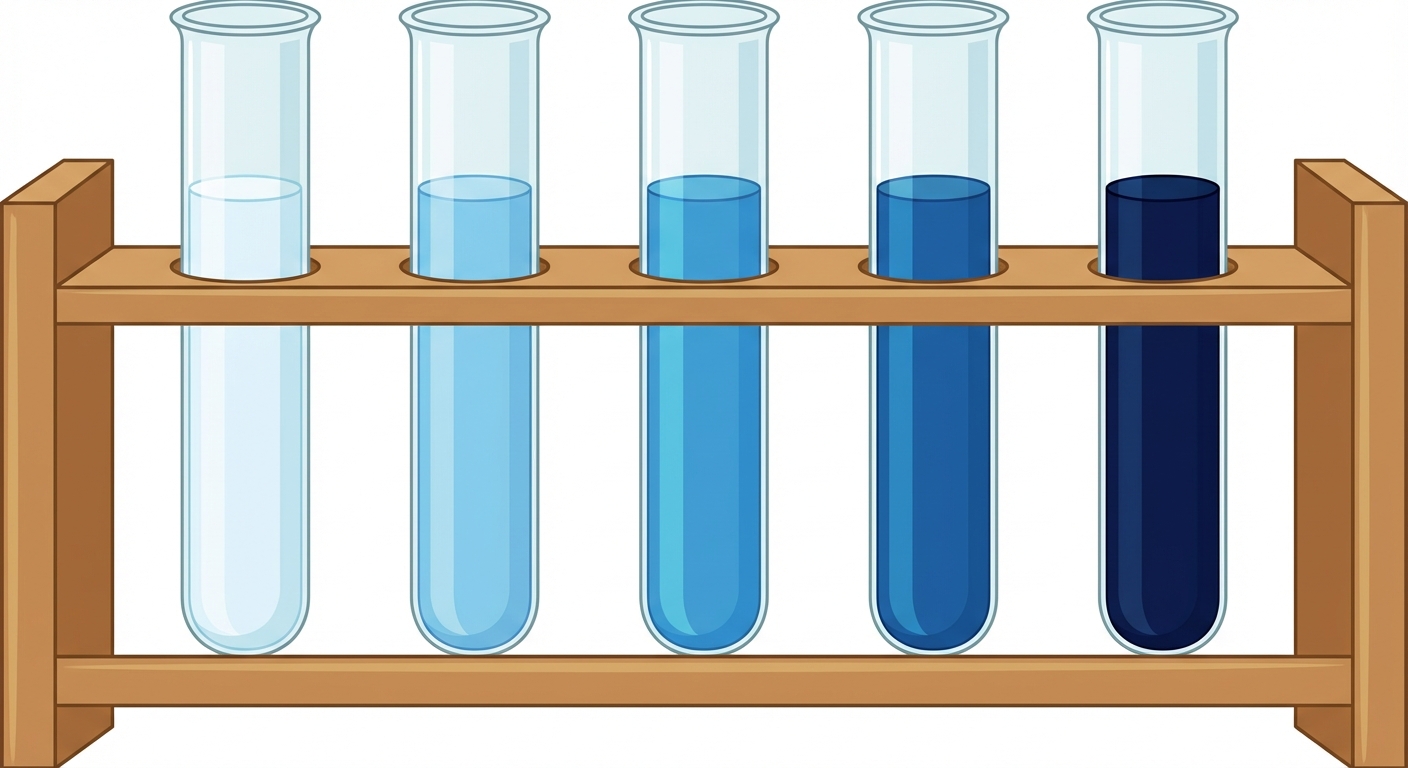 Vue de face de 5 tubes à essai alignés sur un portoir. Le premier tube à gauche contient un liquide bleu très clair, presque transparent. Les tubes suivants contiennent un liquide bleu de plus en plus foncé. Le dernier tube à droite est bleu marine très sombre. Fond blanc neutre.