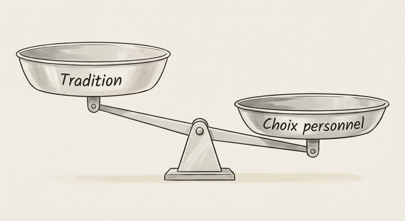 Illustration d'une balance à plateaux simple. Le plateau de gauche, étiqueté 'Tradition', est en haut (léger). Le plateau de droite, étiqueté 'Choix personnel', est en bas (lourd), montrant que la décision individuelle pèse désormais plus lourd.
