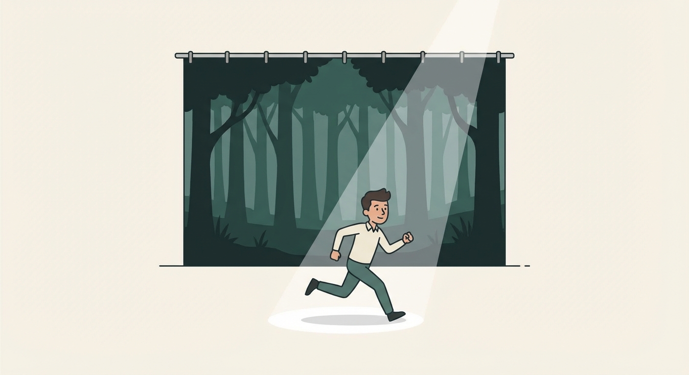 Dessin simple d'une scène de théâtre. Au fond (arrière-plan), un décor peint fixe représentant une forêt sombre. Au devant de la scène (premier plan), un personnage unique éclairé par un projecteur en train de courir.