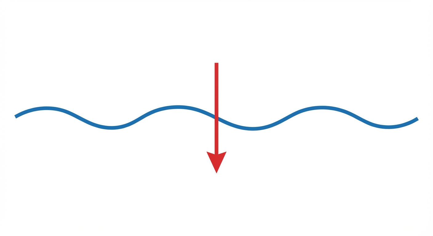 Schéma simple sur fond blanc. Une longue ligne ondulée bleue horizontale représente la durée indéfinie (Imparfait). Une flèche rouge verticale vient couper net cette ligne bleue pour représenter l'événement soudain (Passé simple).