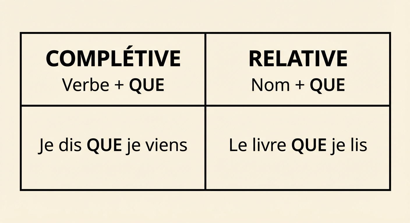 Tableau comparatif simple en deux colonnes. Colonne gauche titre 'COMPLÉTIVE', sous-titre 'Verbe + QUE', exemple 'Je dis QUE je viens'. Colonne droite titre 'RELATIVE', sous-titre 'Nom + QUE', exemple 'Le livre QUE je lis'.