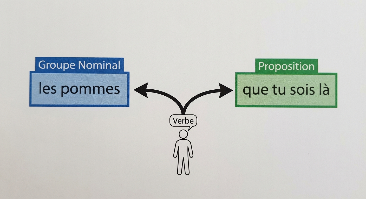 Schéma simple en deux parties sur fond blanc. À gauche, une boîte bleue nommée 'Groupe Nominal' contenant le texte 'les pommes'. À droite, une boîte verte nommée 'Proposition' contenant le texte 'que tu sois là'. Une flèche part d'un bonhomme nommé 'Verbe' et pointe vers les deux boîtes.