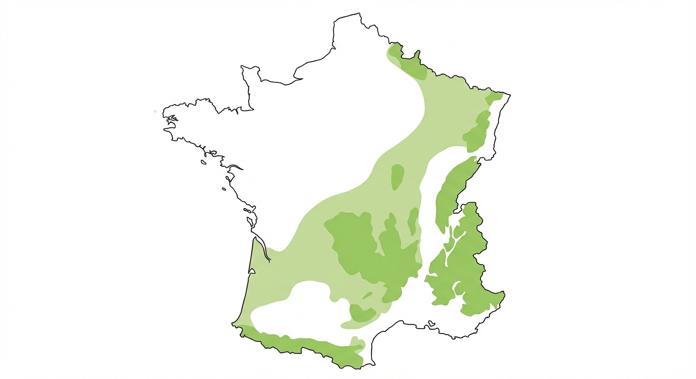 Carte de France schématique sur fond blanc. Une large bande diagonale traversant du Nord-Est (Ardennes) au Sud-Ouest (Pyrénées) passant par le Massif Central est coloriée en vert clair. Les montagnes (Alpes, Vosges, Jura) sont aussi en vert clair. Le reste est blanc.