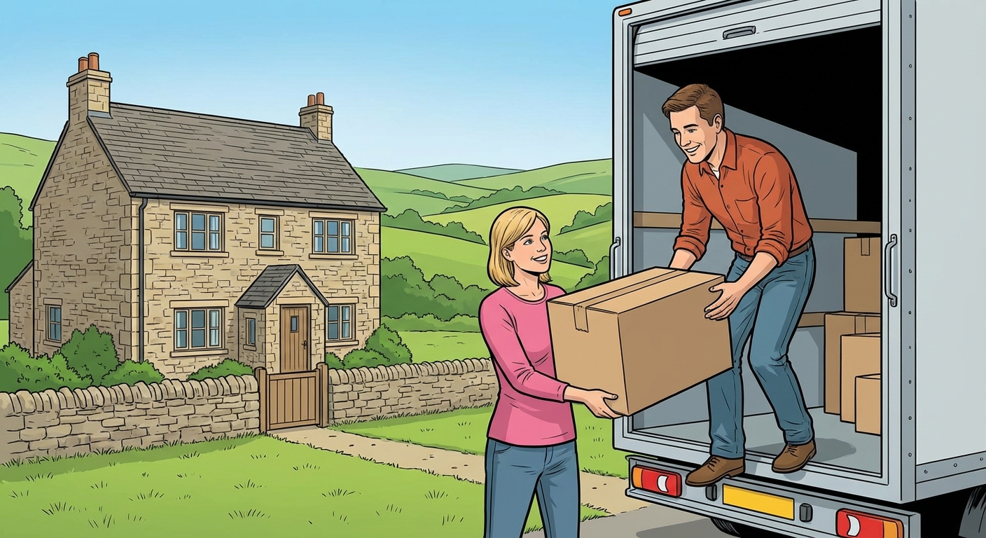 Illustration style bande dessinée réaliste : un couple trentenaire souriant décharge un carton d'un camion devant une maison en pierre à la campagne. Arrière-plan de collines verdoyantes et ciel bleu.