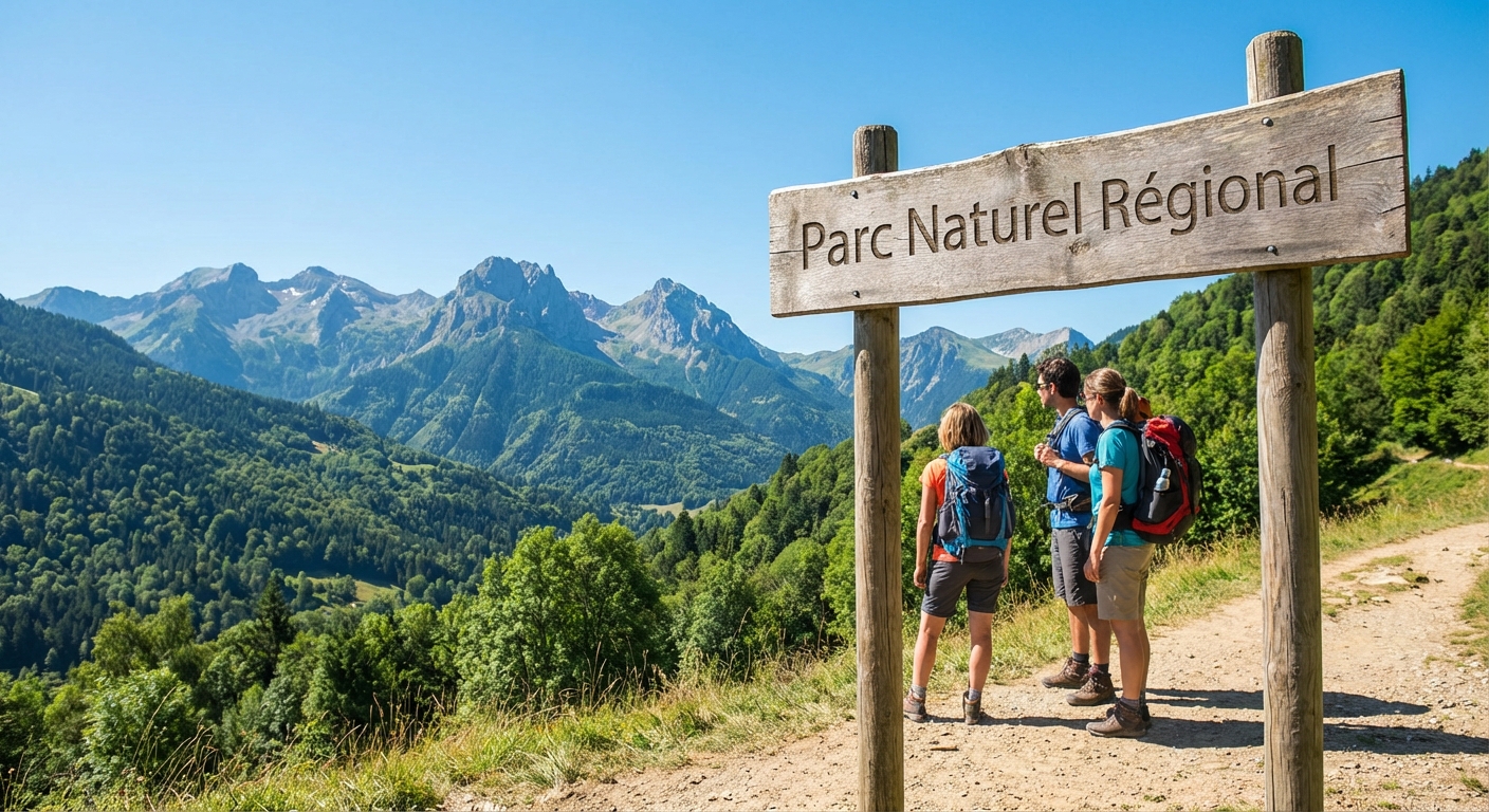 Photo réaliste de randonneurs sur un sentier de montagne en été. Ils regardent un panneau d'information en bois 'Parc Naturel Régional'. Paysage grandiose de forêt et sommets.