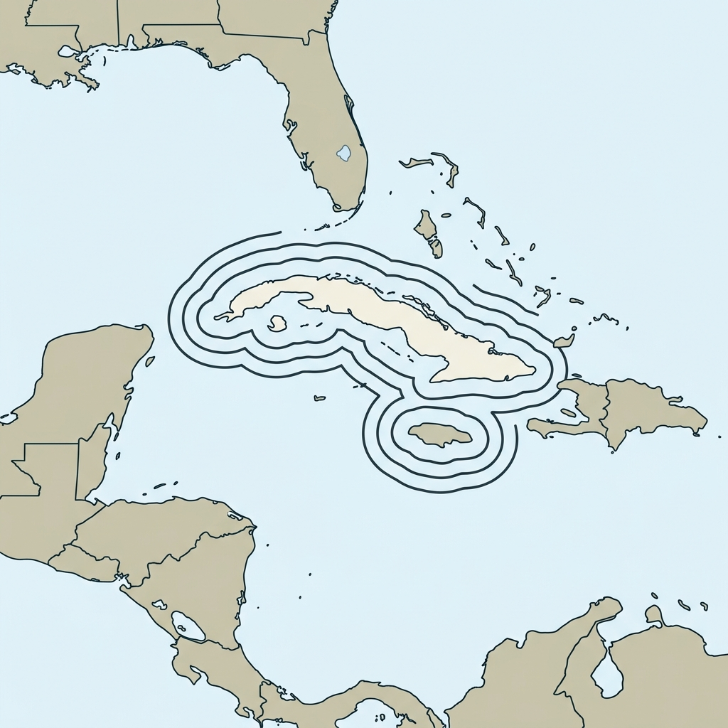 Illustration vectorielle sobre montrant une carte de la mer des Caraïbes et le détroit de Floride. Des lignes de blocus maritime épurées entourent symboliquement l'île de Cuba. Tracé net, style manuel scolaire sur fond clair, sans aucun texte ni chiffre.