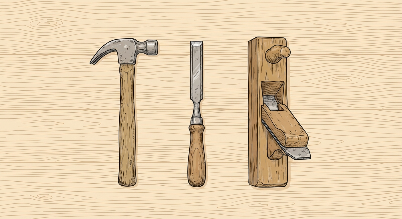 Un établi en bois vue de dessus avec trois outils distincts posés dessus : un marteau, un ciseau à bois et un rabot. Les outils sont anciens mais bien entretenus. Fond neutre.