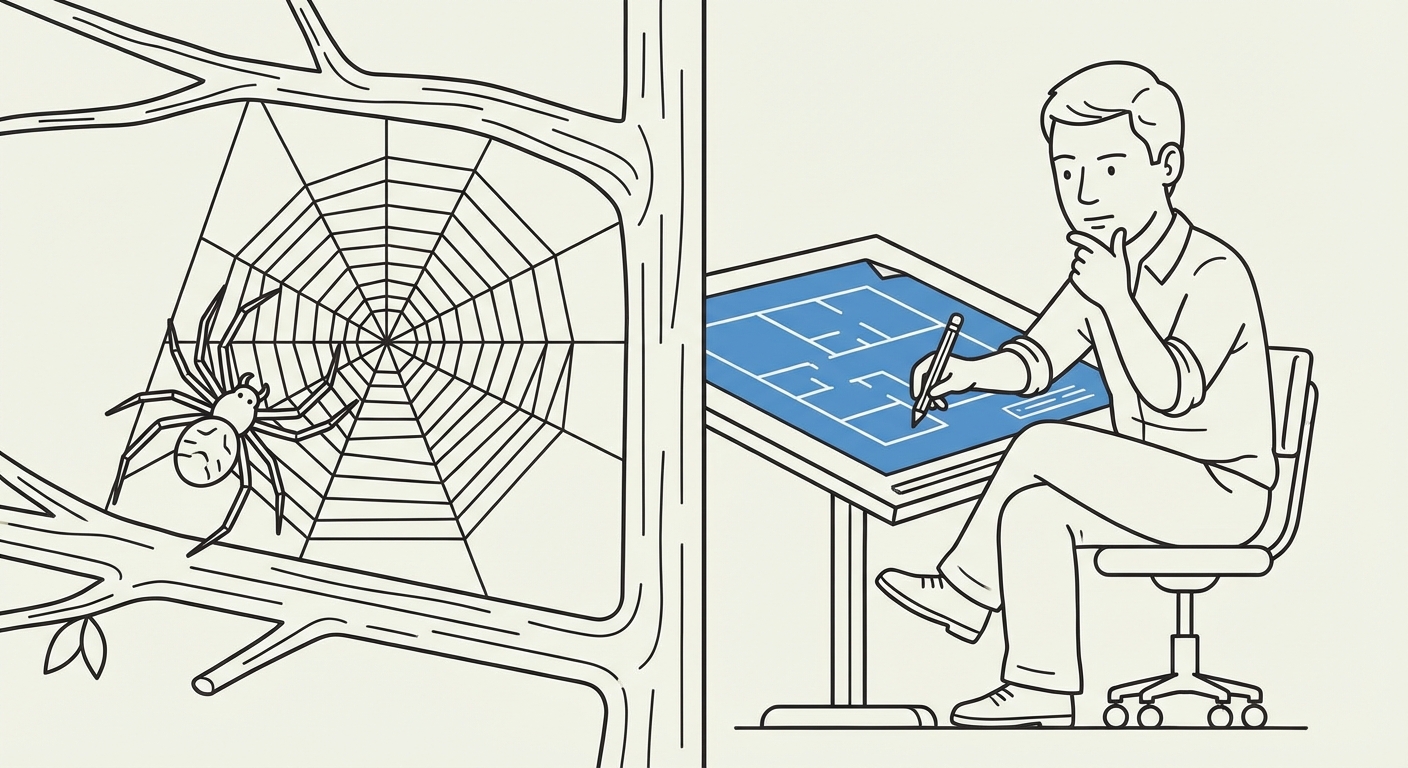Illustration divisée en deux parties. À gauche, une araignée tissant une toile géométrique parfaite sur une branche. À droite, un architecte humain devant une table à dessin avec un plan bleu et un crayon à la main, réfléchissant. Style trait simple et clair.