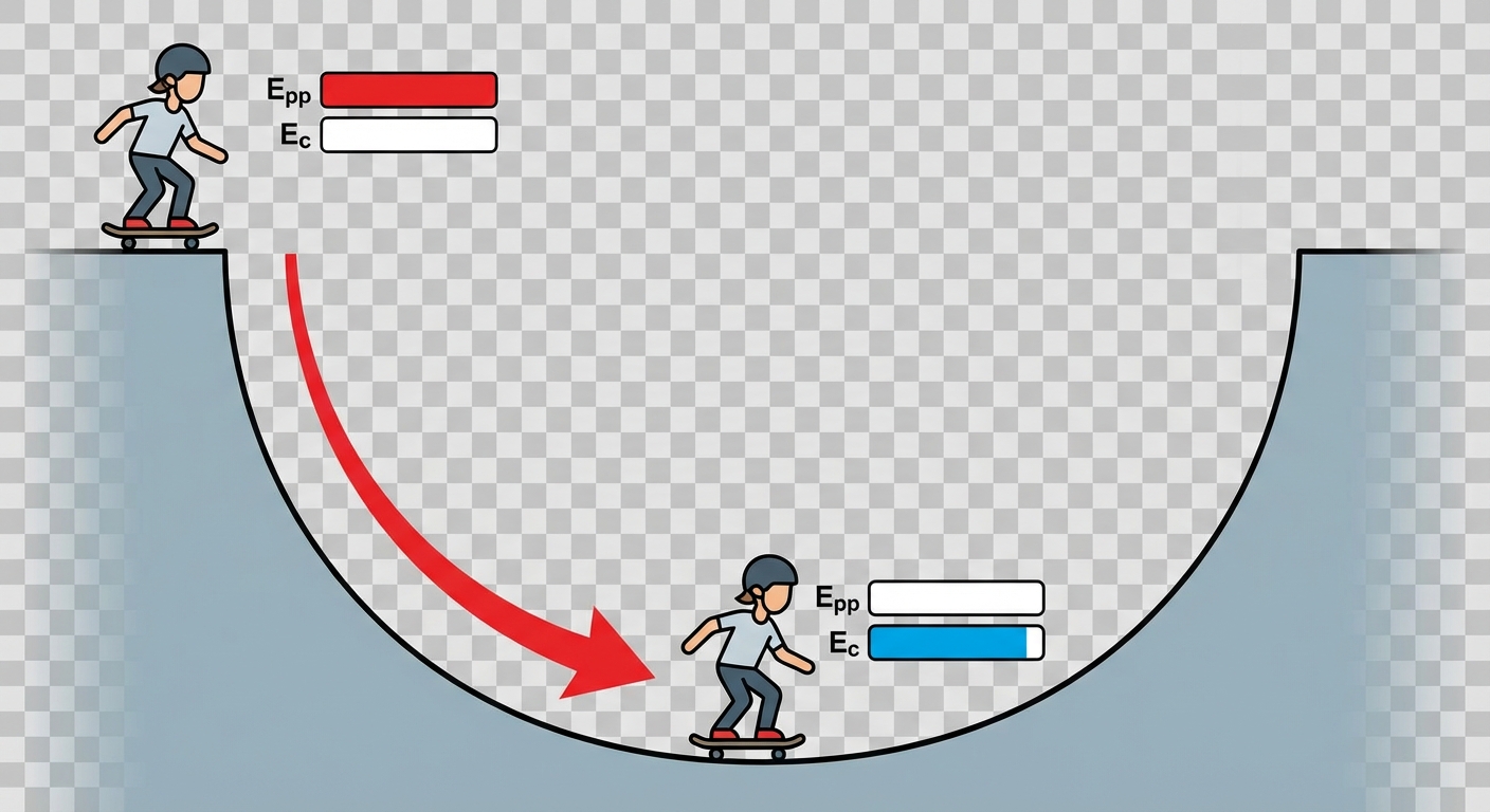 Dessin vectoriel simple. Une rampe en U. Un skater en haut à gauche (z élevé, v nulle) avec une jauge 'Epp pleine / Ec vide'. En bas de la rampe (z bas, v max), le skater est représenté avec une jauge 'Epp vide / Ec pleine'. Une flèche courbe montre le mouvement de descente.