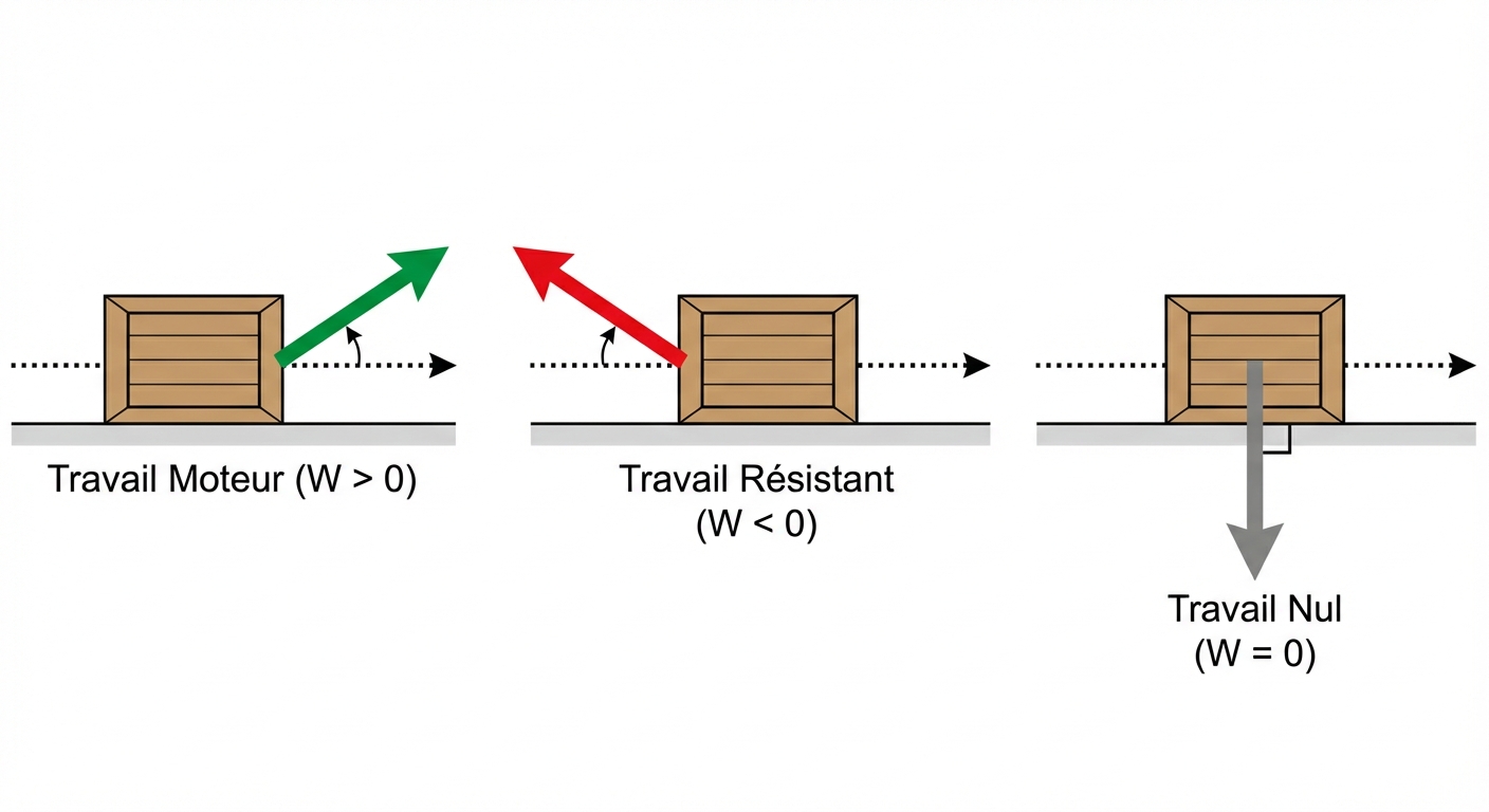 Schéma technique épuré sur fond blanc. Trois situations alignées. 1 (gauche) : Une caisse déplacée vers la droite, tirée par une force verte orientée dans le sens du mouvement (angle aigu), label 'Travail Moteur (W > 0)'. 2 (centre) : Caisse vers la droite, force rouge orientée vers l'arrière (angle obtus), label 'Travail Résistant (W < 0)'. 3 (droite) : Caisse vers la droite, force grise verticale (angle droit), label 'Travail Nul (W = 0)'.