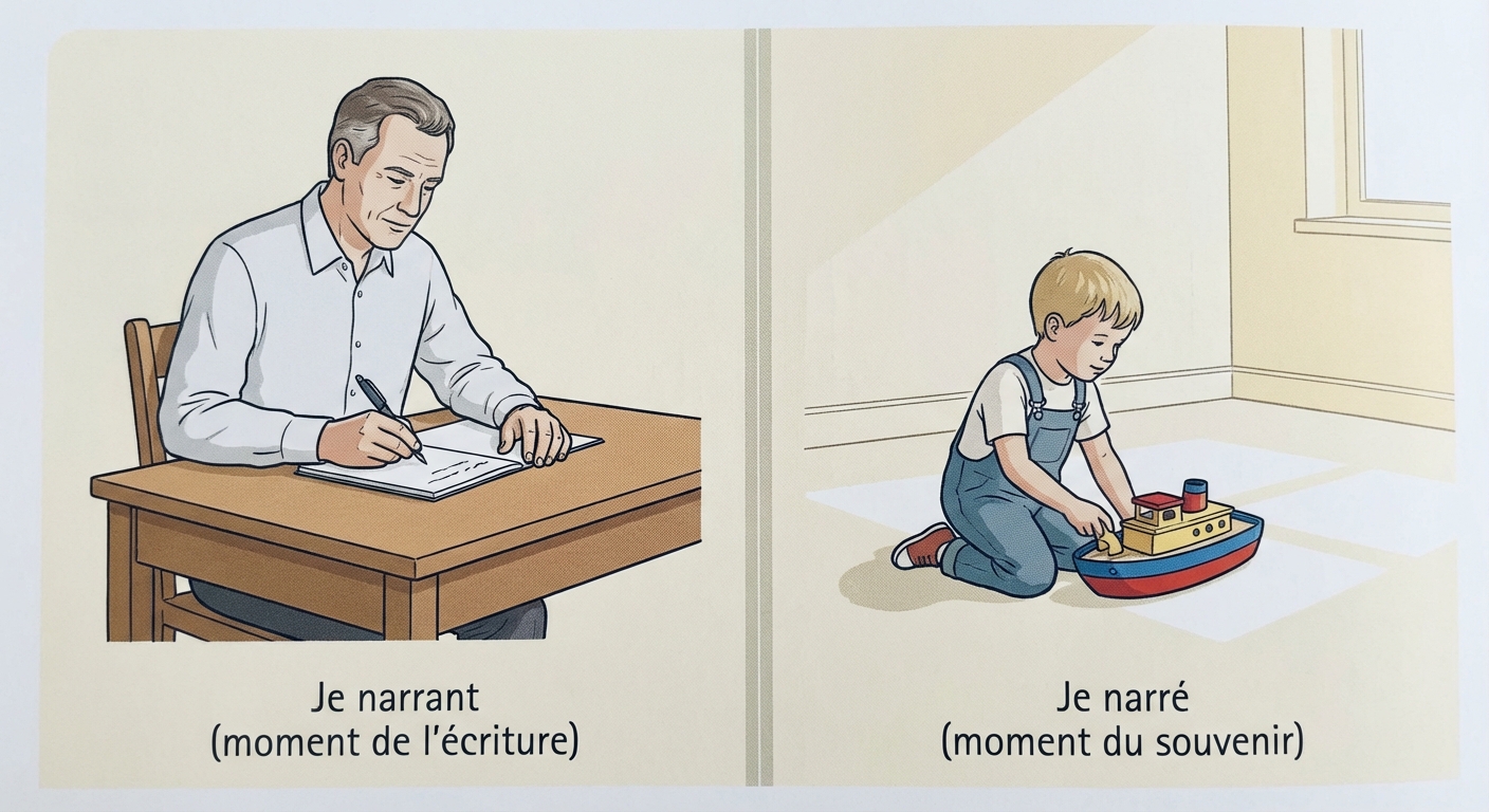 Illustration divisée en deux. À gauche, un adulte à son bureau qui écrit, légendé 'Je narrant (moment de l'écriture)'. À droite, un enfant qui joue dans le passé, légendé 'Je narré (moment du souvenir)'.
