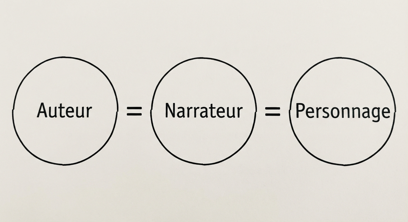 Schéma simple sur fond blanc avec trois cercles alignés horizontalement reliés par des signes égale (=). Dans le premier cercle écrit 'Auteur', dans le deuxième 'Narrateur', dans le troisième 'Personnage'.