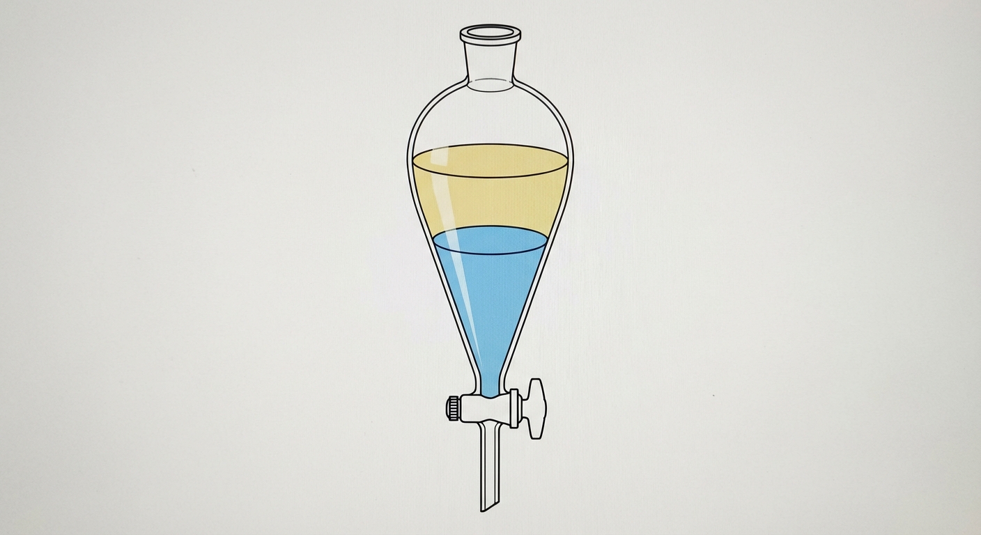 Dessin technique d'une ampoule à décanter en verre conique. Deux phases liquides sont superposées avec une interface nette. La phase inférieure est bleue (aqueuse), la phase supérieure est jaunâtre (organique). Le robinet est en bas.