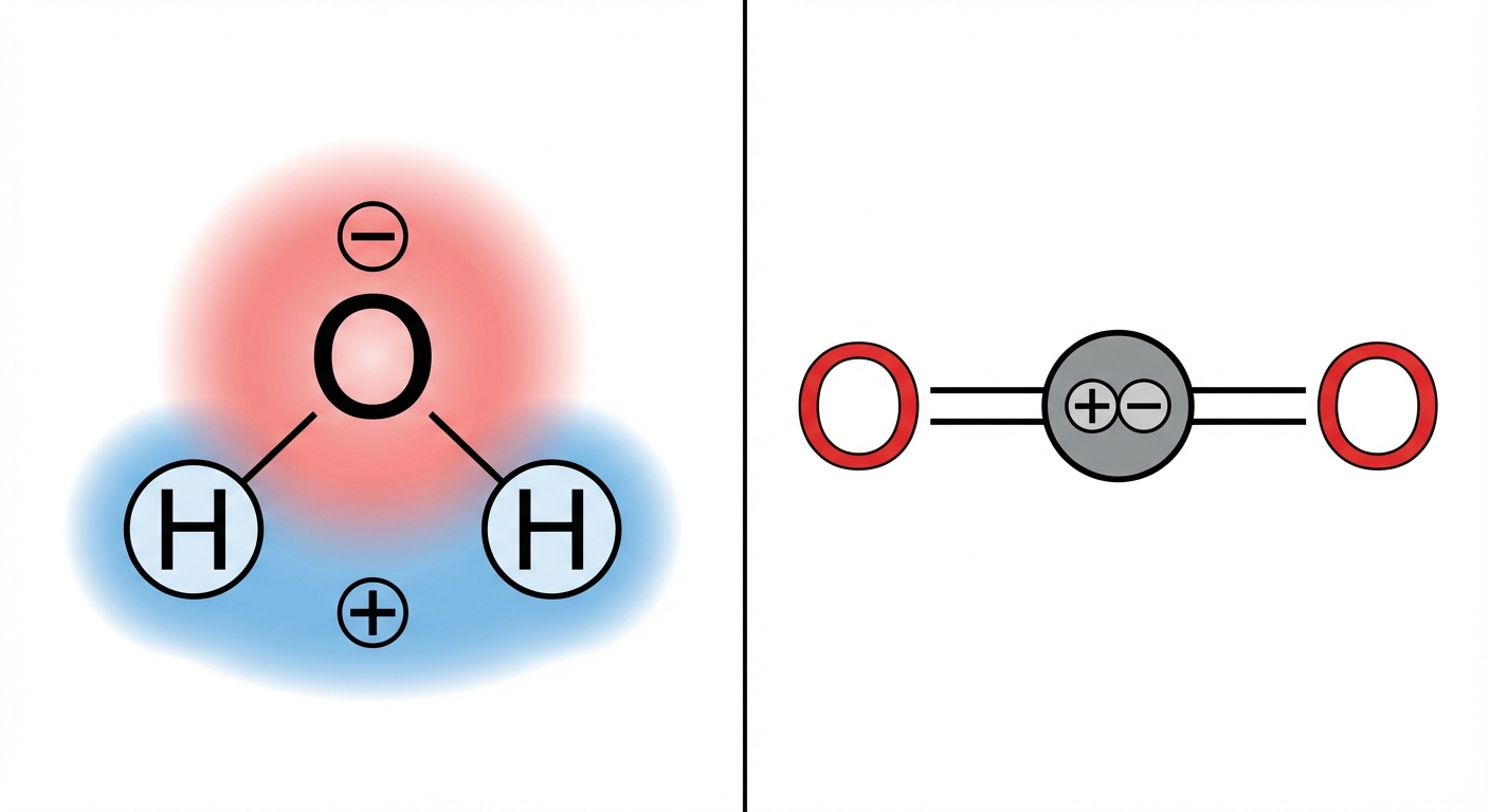 Schéma comparatif sur fond blanc. À gauche : molécule d'eau coudée (forme de V), montrant que les centres + et - sont séparés. À droite : molécule de CO2 linéaire (O=C=O). Le carbone (delta +) est au centre, les oxygènes (delta -) sont aux extrémités. Les centres + et - se superposent exactement au niveau du Carbone.