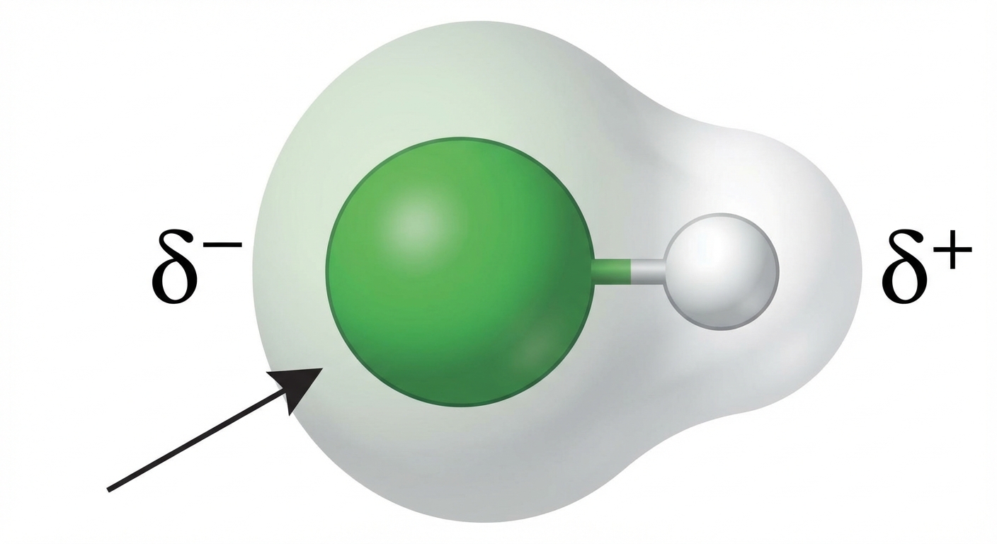 Schéma simple sur fond blanc. Une molécule H-Cl. L'atome Cl est une sphère verte plus grosse, l'atome H une sphère blanche plus petite. Un nuage électronique entoure la liaison, mais il est beaucoup plus volumineux du côté du Chlore. Une flèche pointe vers le Cl. Le symbole 'delta -' est écrit à côté du Cl et 'delta +' à côté du H.