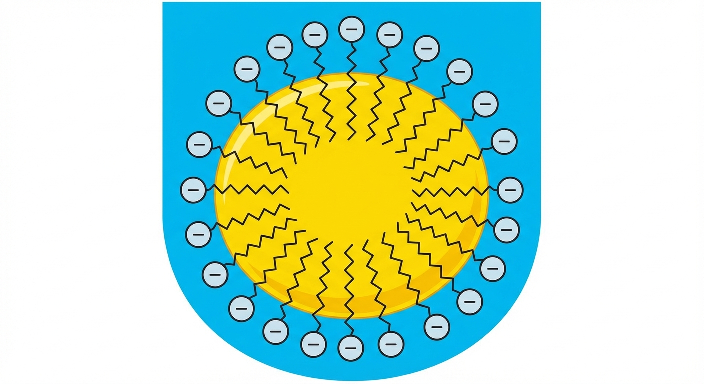 Schéma en coupe. Au centre, une tache jaune (graisse). Autour, des molécules de savon disposées en rayon. Les queues en zigzag (chaînes carbonées) sont plantées dans le jaune. Les têtes rondes chargées (négatives) sont à l'extérieur, en contact avec l'eau bleue.