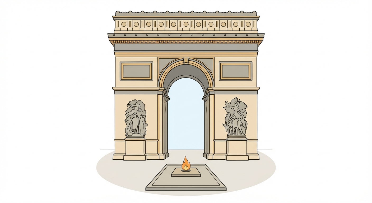 Dessin simple vue de face illustrant l'Arc de Triomphe de Paris. Sous l'arche centrale se trouve une plaque tombale rectangulaire plate sur le sol. Une petite flamme éternelle orange et jaune brûle doucement au centre de cette tombe. Le dessin est clair, épuré, avec des couleurs douces et solennelles sur fond blanc.