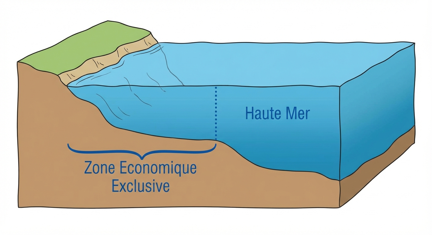 Dessin simple et clair en coupe de l'océan avec un rivage terrestre sur le côté gauche. Une grande accolade sous la surface de l'eau proche de la côte est étiquetée Zone Economique Exclusive en lettres bleues. A droite de cette zone une ligne verticale en pointillés marque la limite et ouvre sur une vaste étendue d'eau étiquetée Haute Mer. Le fond est blanc sans aucun autre élément.