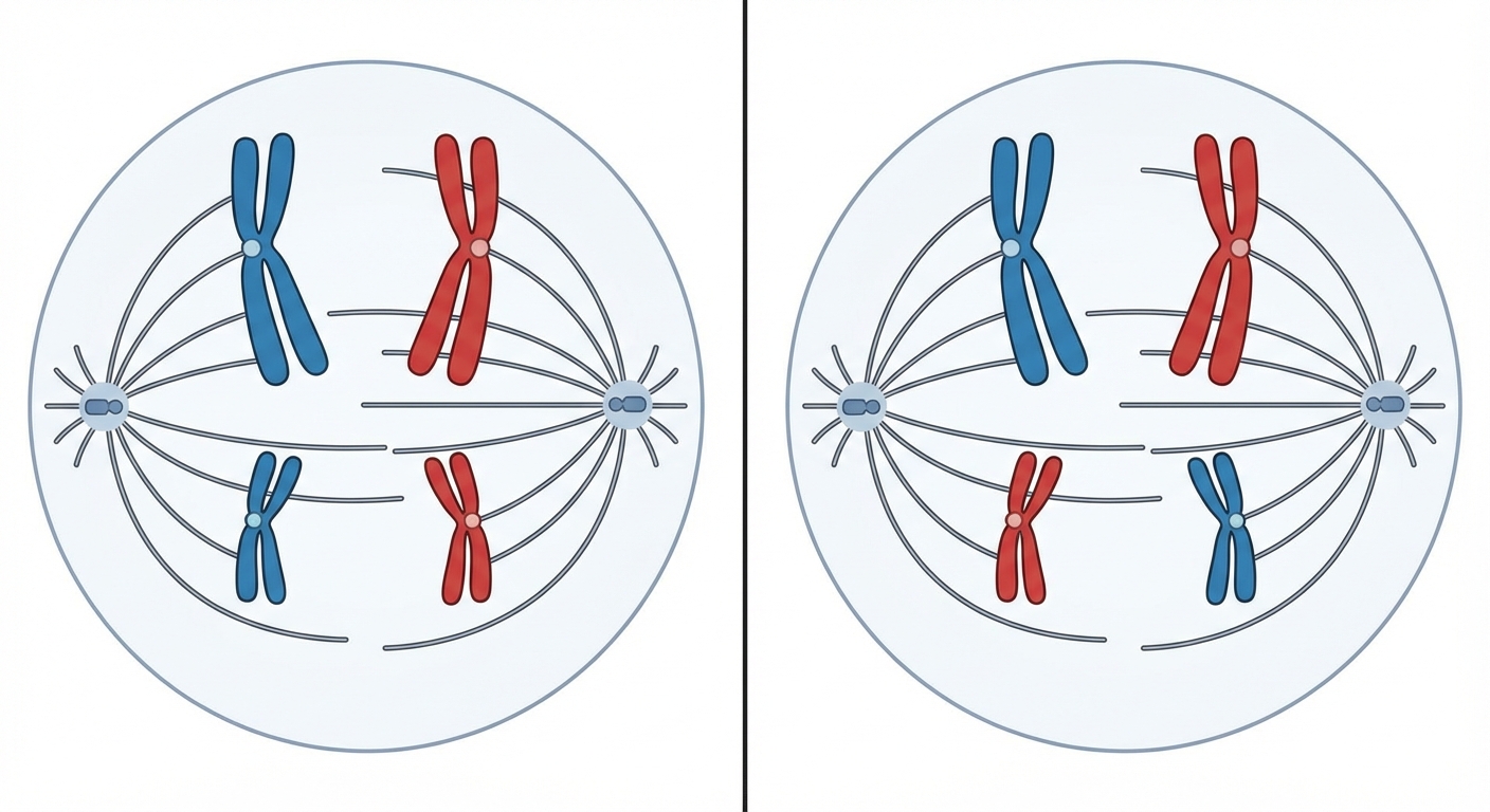 Schéma montrant 2 cas possibles de séparation en Anaphase I. Cas 1 : Les deux chromosomes bleus vont à gauche, les deux rouges à droite. Cas 2 : Un grand bleu et un petit rouge vont à gauche, un grand rouge et un petit bleu vont à droite.