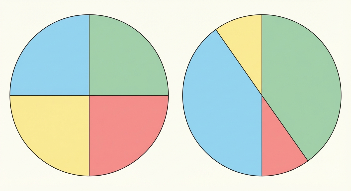 Deux diagrammes camemberts. Gauche (Indépendants) : 4 parts égales de 25%. Droite (Liés) : 2 grosses parts (ex: 40% chacune) et 2 petites parts (ex: 10% chacune).