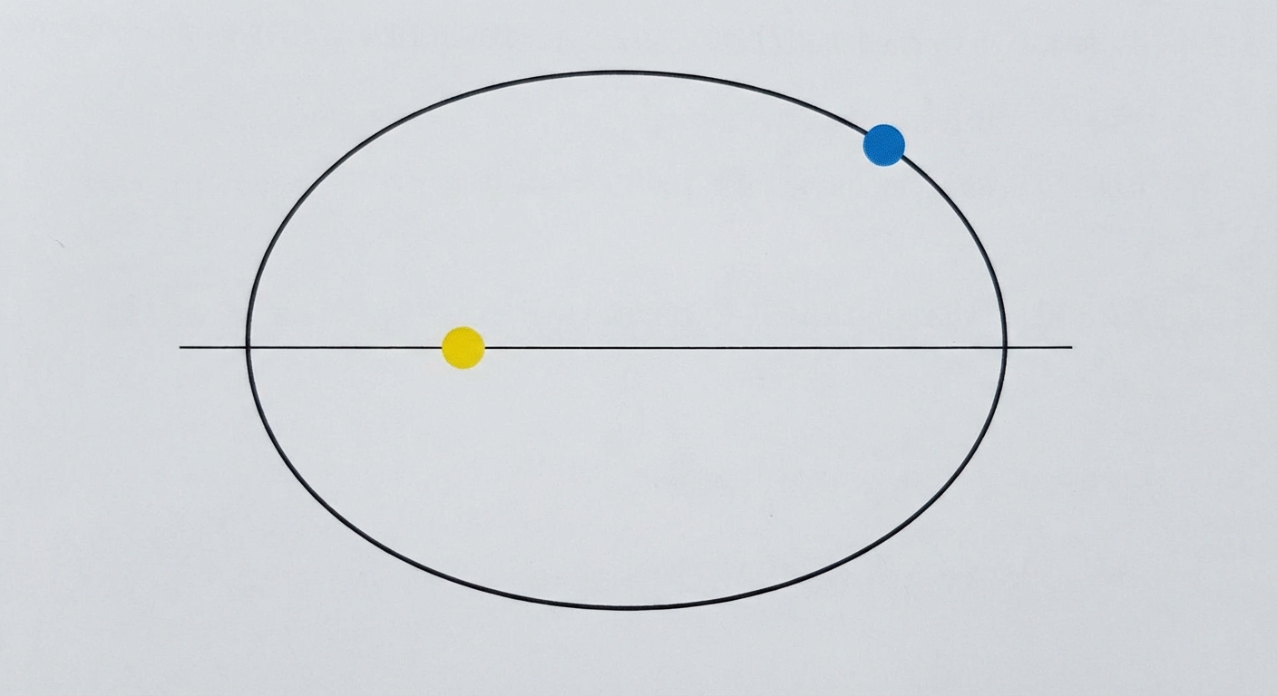 Schéma pédagogique sur fond blanc. Une ellipse (ovale) noire. Un axe horizontal traverse l'ellipse. Le Soleil (point jaune) est placé sur cet axe, mais décalé vers la gauche par rapport au centre. Une planète (point bleu) est sur le tracé de l'ellipse.