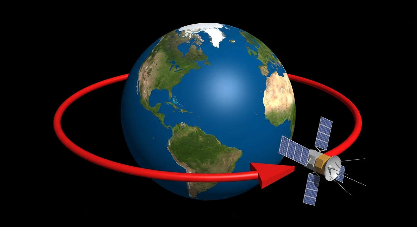 Schéma 3D simple sur fond noir spatial. La Terre au centre. Un cercle rouge représente l'orbite équatoriale, à bonne distance de la Terre. Un satellite est posé sur ce cercle. Une flèche montre qu'il tourne dans le même sens que la Terre.