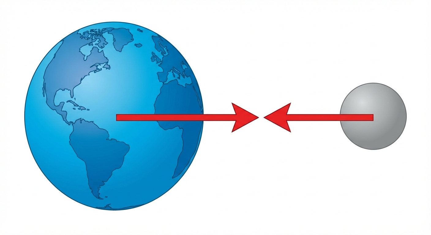 Schéma simple sur fond blanc. À gauche, une grosse planète bleue (Terre). À droite, une petite lune grise. Une flèche rouge part du centre de la Terre vers la Lune, et une flèche rouge part du centre de la Lune vers la Terre. Les deux flèches sont sur la même ligne droite.