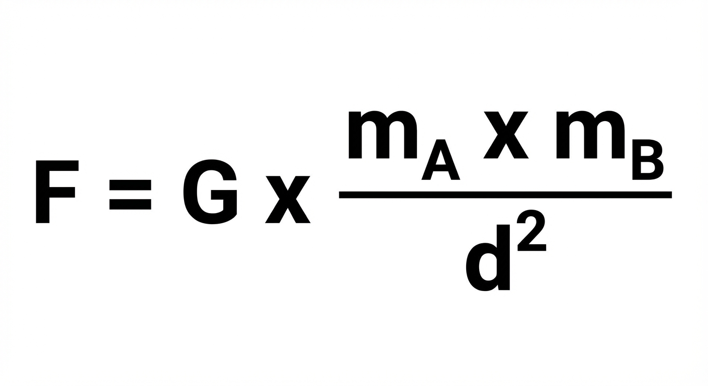 Image montrant uniquement une formule mathématique écrite en gros caractères noirs sur fond blanc. La formule est : F = G x (mA x mB) / d². Le 'd²' est bien visible au dénominateur.