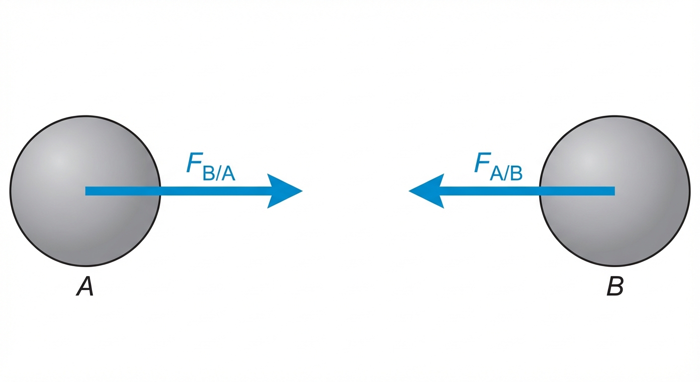 Schéma vectoriel sur fond blanc. Deux sphères grises A et B séparées par une distance. Une flèche bleue part du centre de B et pointe vers A (notée FA/B). Une flèche bleue part du centre de A et pointe vers B (notée FB/A). Les deux flèches sont sur la même droite et ont exactement la même longueur.
