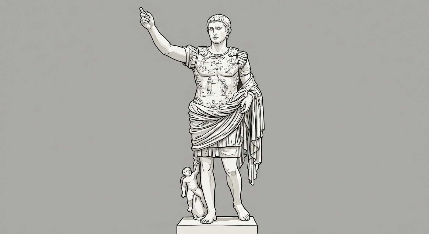 Statue en marbre blanc style antique, vue de face. L'empereur Auguste en armure romaine lève le bras droit pour haranguer la foule. Il porte une toge drapée. À ses pieds, un petit angelot (Cupidon) sur un dauphin. Fond gris neutre.