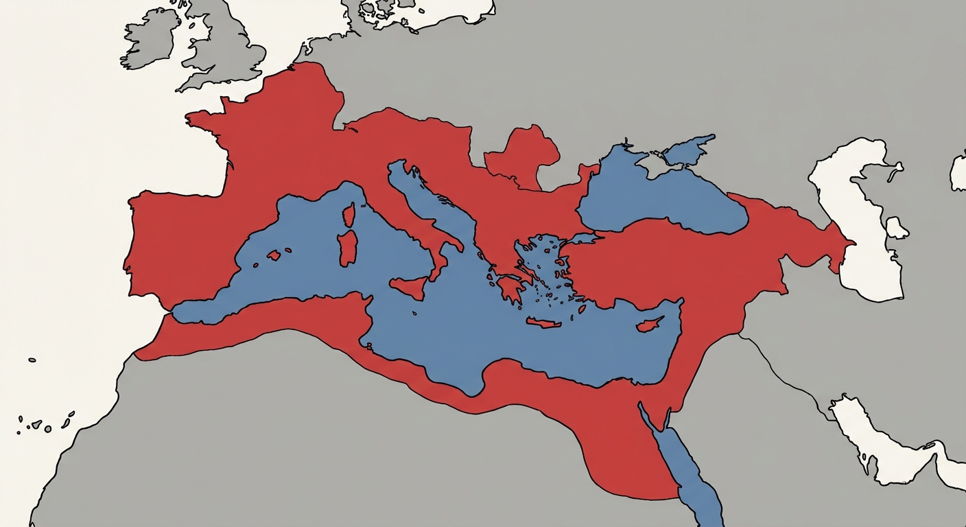 Carte géographique simplifiée du bassin méditerranéen. La mer Méditerranée est au centre en bleu. Toutes les terres qui bordent la mer (Europe du Sud, Afrique du Nord, Proche-Orient) sont coloriées en rouge uni pour montrer l'Empire unifié. Le reste est gris.