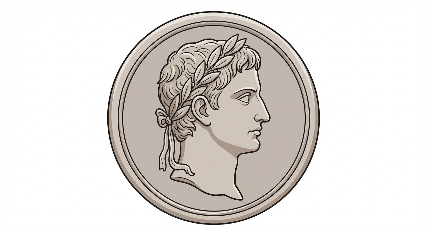 Gros plan sur une pièce de monnaie antique en argent, ronde. Au centre, le profil d'Auguste regardant vers la droite, portant une couronne de lauriers. Fond blanc.