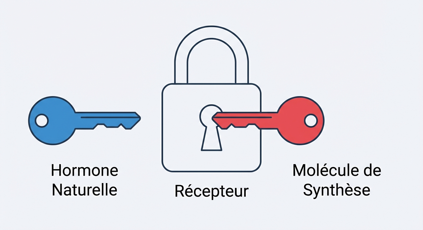 Dessin vectoriel simple. Une forme de serrure nommée Récepteur. Deux clés à côté : une clé bleue nommée Hormone Naturelle et une clé rouge quasi-identique nommée Molécule de Synthèse qui s'insère dans la serrure.