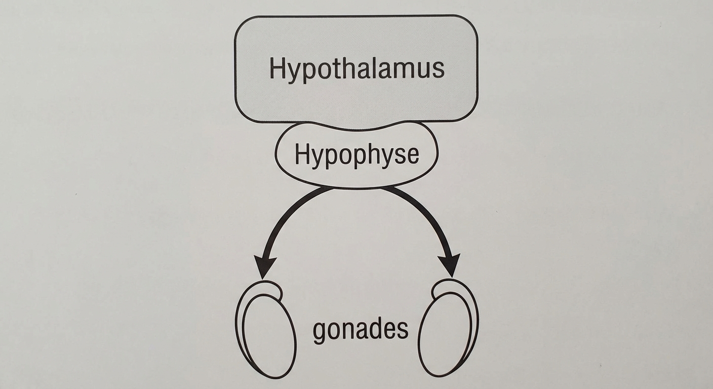 Schéma simplifié sur fond blanc. En haut, une zone nommée Hypothalamus reliée à une petite structure dessous nommée Hypophyse. Des flèches partent de l'hypophyse vers le bas pour atteindre deux gonades stylisées.