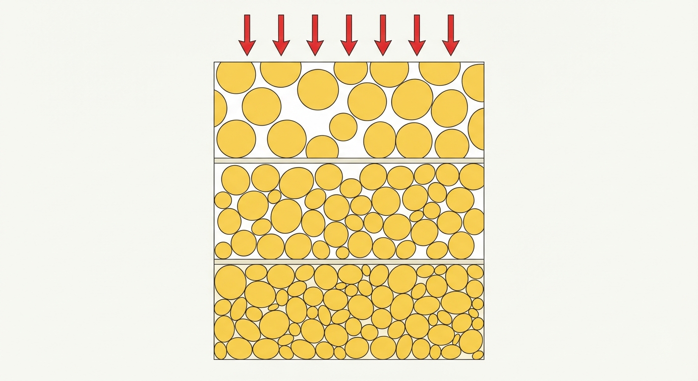 Schéma en coupe verticale montrant trois couches de sol superposées. La couche du haut contient des grains ronds espacés (sable jaune). La couche du milieu montre ces grains plus serrés. La couche du bas montre les grains très tassés, avec presque plus d'espace vide. Des flèches verticales rouges indiquent la pression venant du haut.