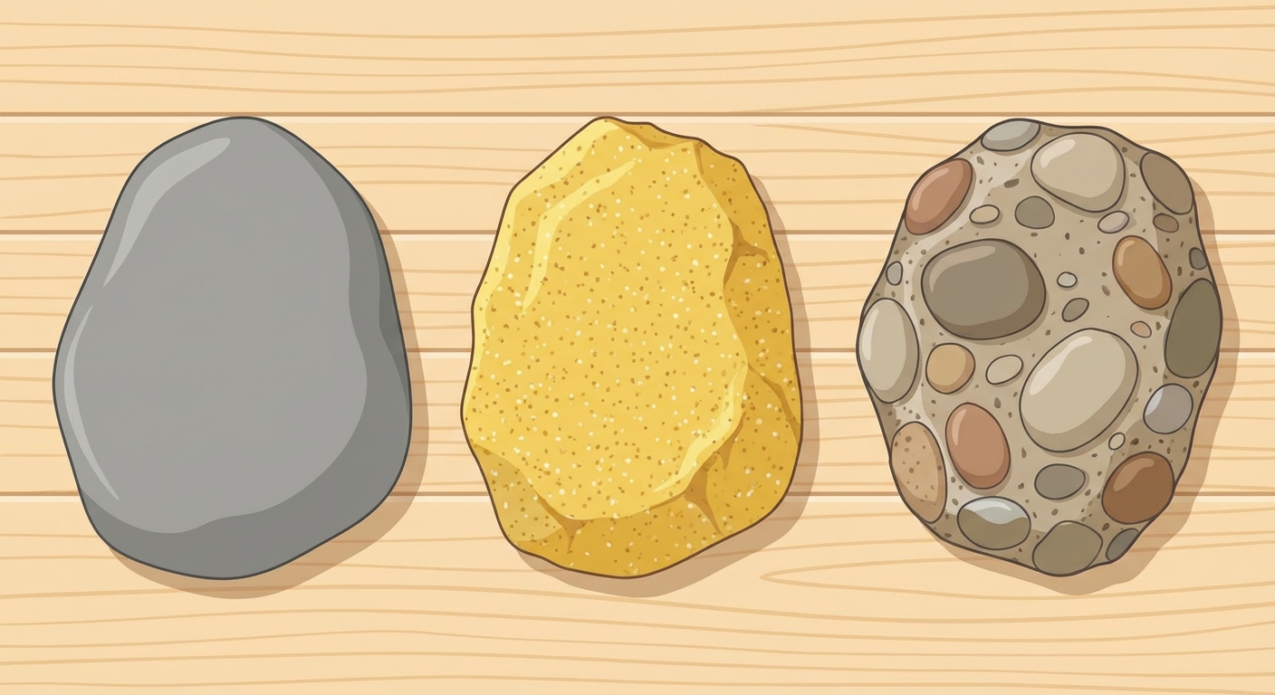 Trois roches posées sur une table, vues de dessus. À gauche, une roche grise lisse et homogène (pélite). Au centre, une roche jaune rugueuse où on distingue des petits grains comme du sucre (grès). À droite, une roche contenant de gros cailloux ronds pris dans une pâte (conglomérat).