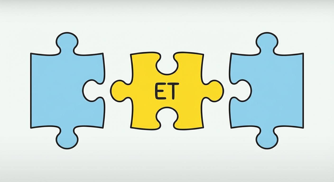 Illustration de deux pièces de puzzle bleues éloignées. Au milieu, une pièce de puzzle jaune vient s'emboîter pour les relier. Sur la pièce jaune est écrit le mot 'ET'.