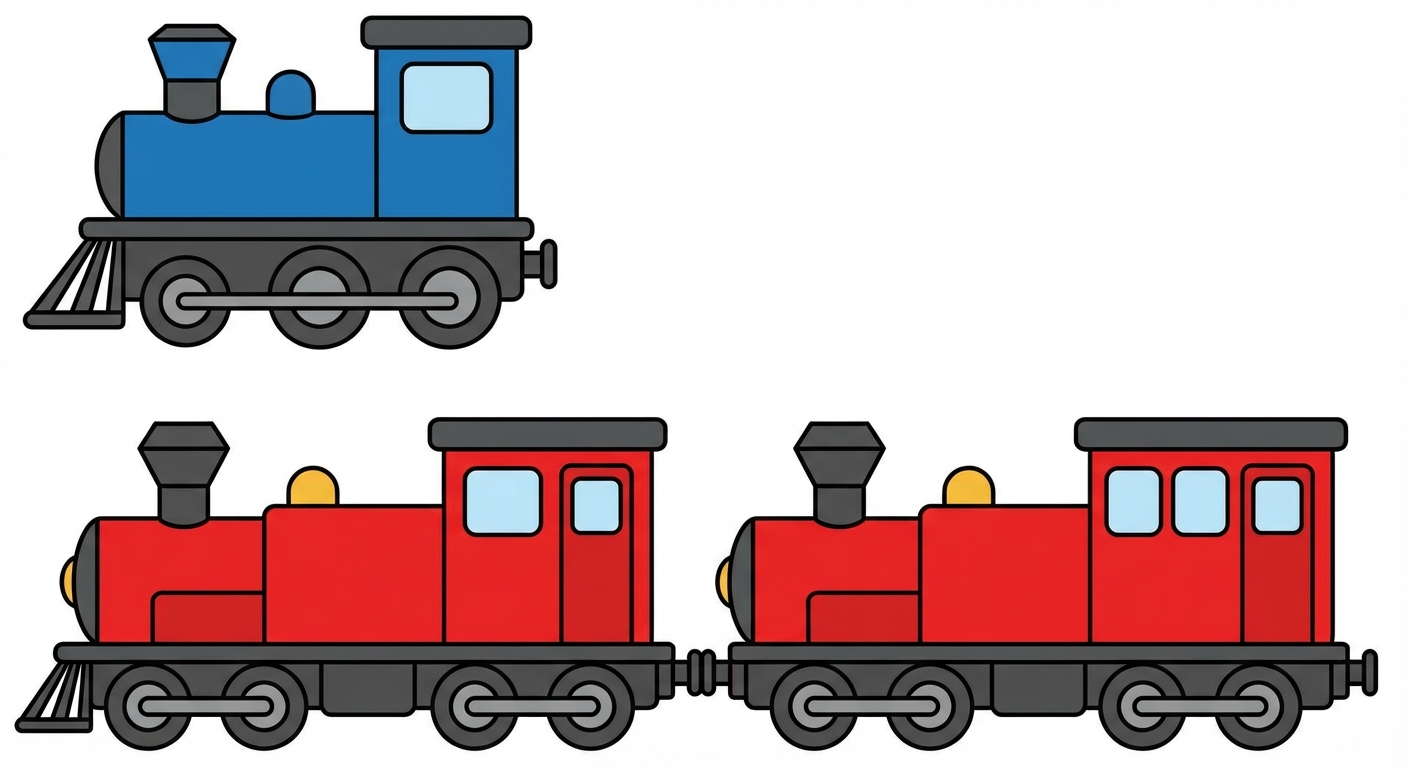 Dessin simple style enfantin : en haut, un petit train avec une seule locomotive bleue. En bas, un train plus long avec deux locomotives rouges attachées l'une à l'autre.