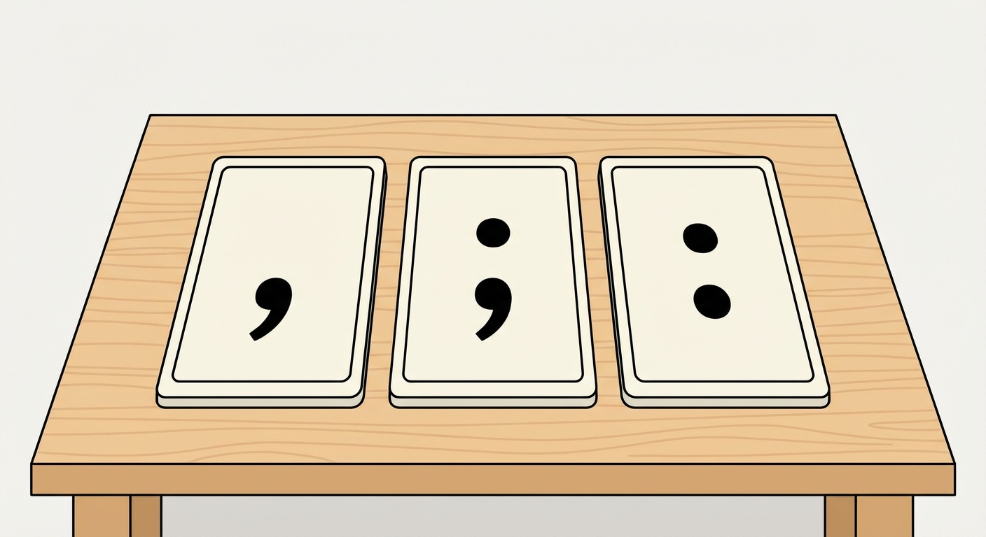 Image pédagogique montrant trois cartes posées à plat sur une table. Sur la première carte un gros symbole virgule, sur la deuxième un point-virgule, sur la troisième deux-points.