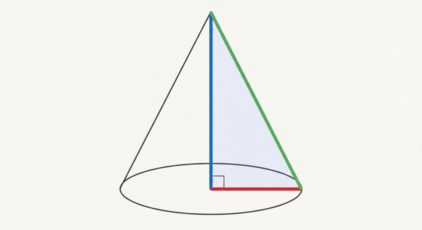 Coupe d'un cône. Un triangle rectangle est surligné : côté vertical = hauteur, côté horizontal = rayon, hypoténuse = bord du cône (génératrice).