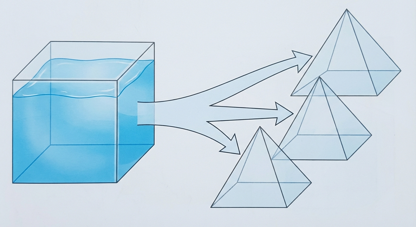 Schéma 3D pédagogique. À gauche, un cube transparent rempli d'eau bleue. À droite, trois pyramides transparentes vides (même base et hauteur que le cube). Une flèche montre que le contenu du cube remplit exactement les trois pyramides.