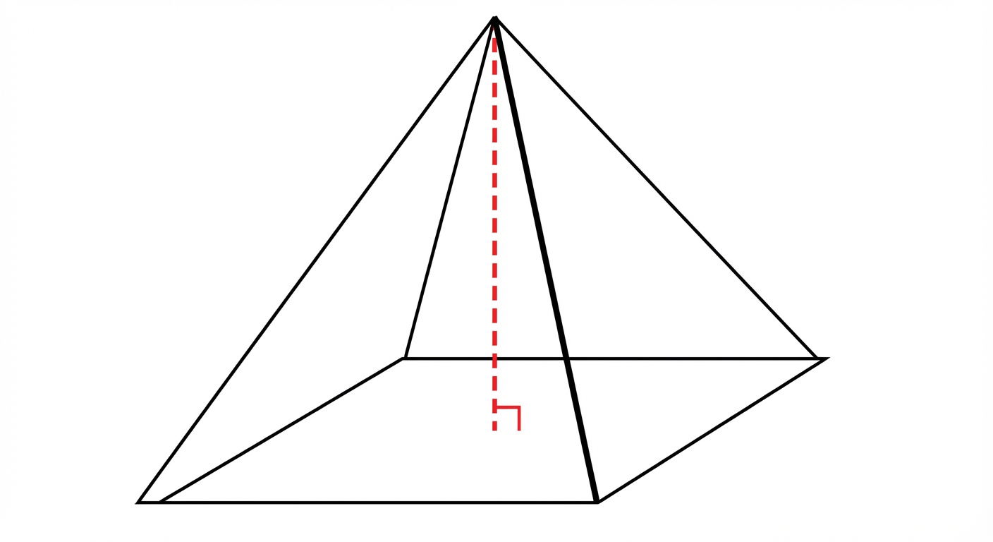 Dessin géométrique d'une pyramide à base carrée. La hauteur est une ligne rouge en pointillés partant du sommet jusqu'au centre de la base avec un symbole d'angle droit. Une arête latérale est en noir pour montrer la différence.
