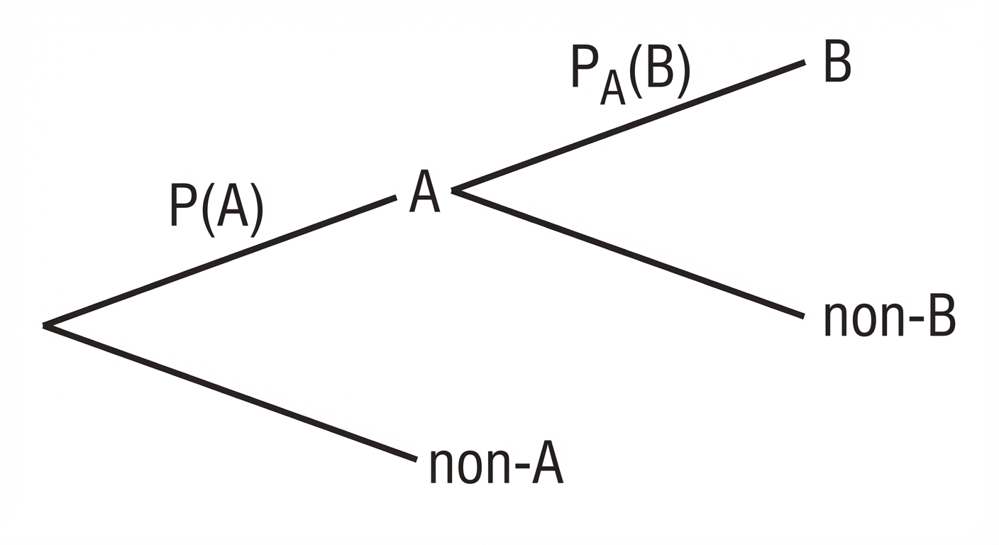 Dessin simple d'un arbre de probabilité à deux niveaux sur fond blanc. Du point de départ partent deux branches vers A et non-A. Depuis A, deux branches partent vers B et non-B. Sur la première branche vers A, écrire 'P(A)'. Sur la branche allant de A vers B, écrire 'P_A(B)'. Texte noir et lisible.
